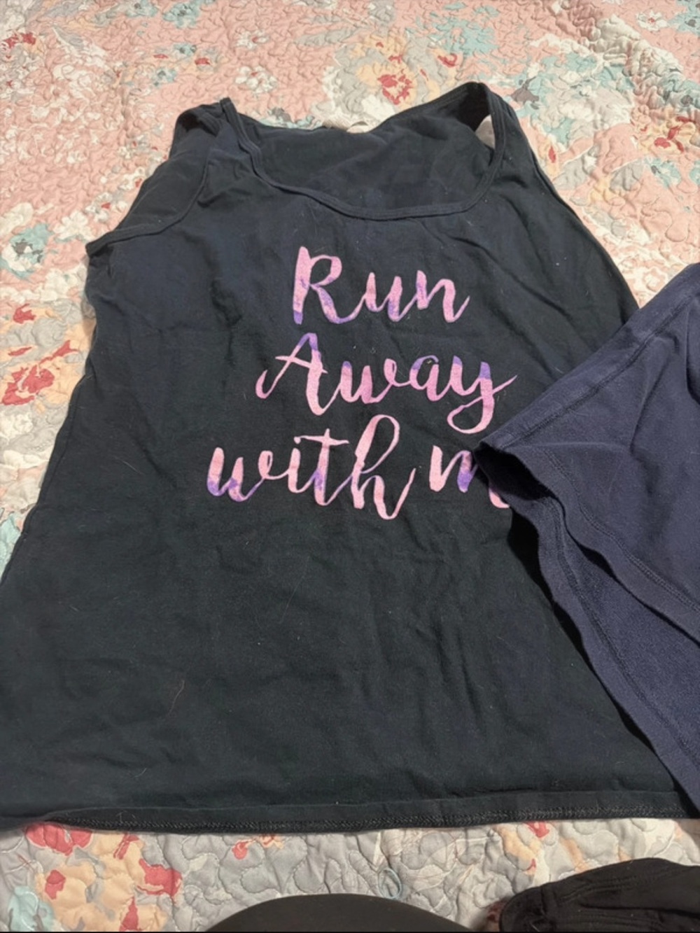 Women’s Black Tank Top with Pink Script "Run Away with Me"